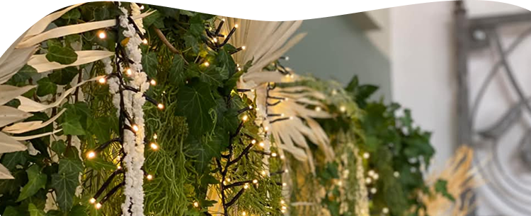 Décoration d'une entrée de salle composée de végétaux et de guirlandes lumineuses