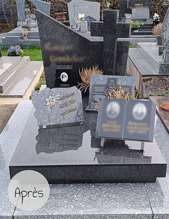 Photo d'une tombe dans un cimetière après avoir été nettoyée par les fleuristes